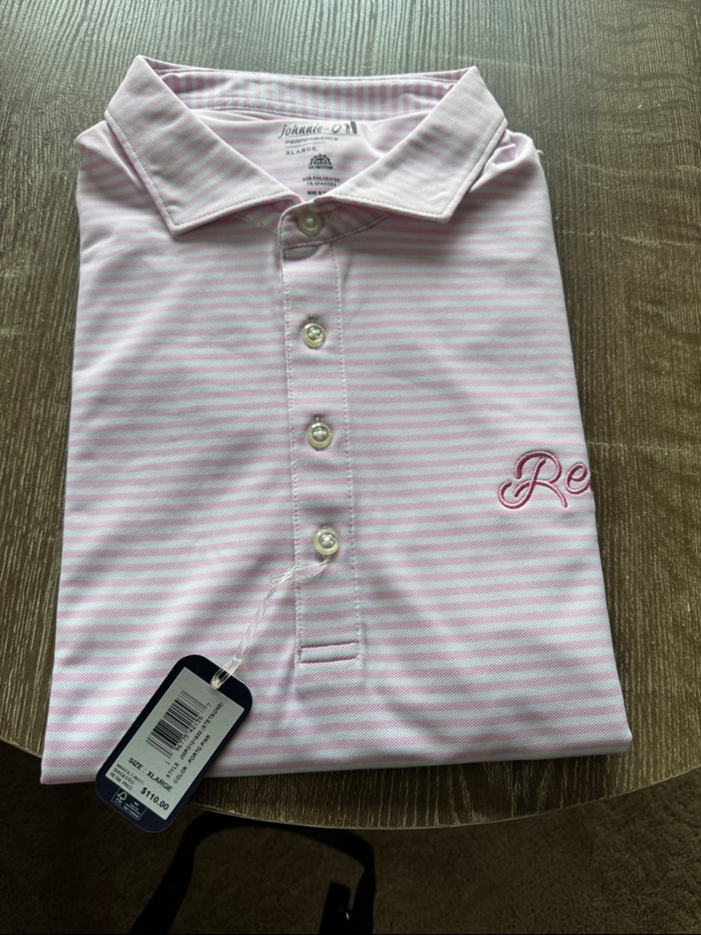 johnnie-O Light Pink & White Striped Polo with Script Embroidery